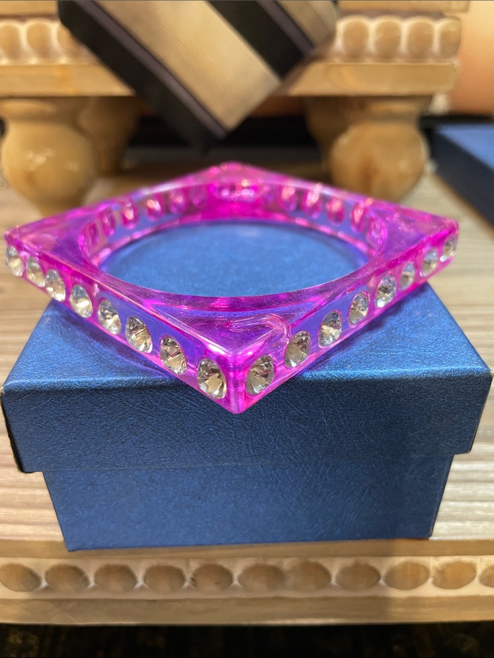 Hot Pink Square Bangle with Clear Crystal Accents